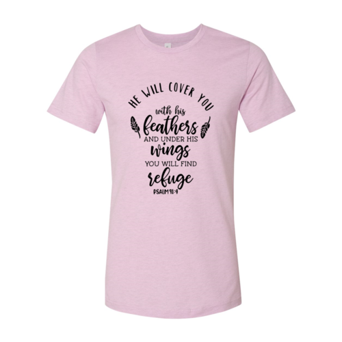 Pink t-shirt with black text and feather graphics on a white background