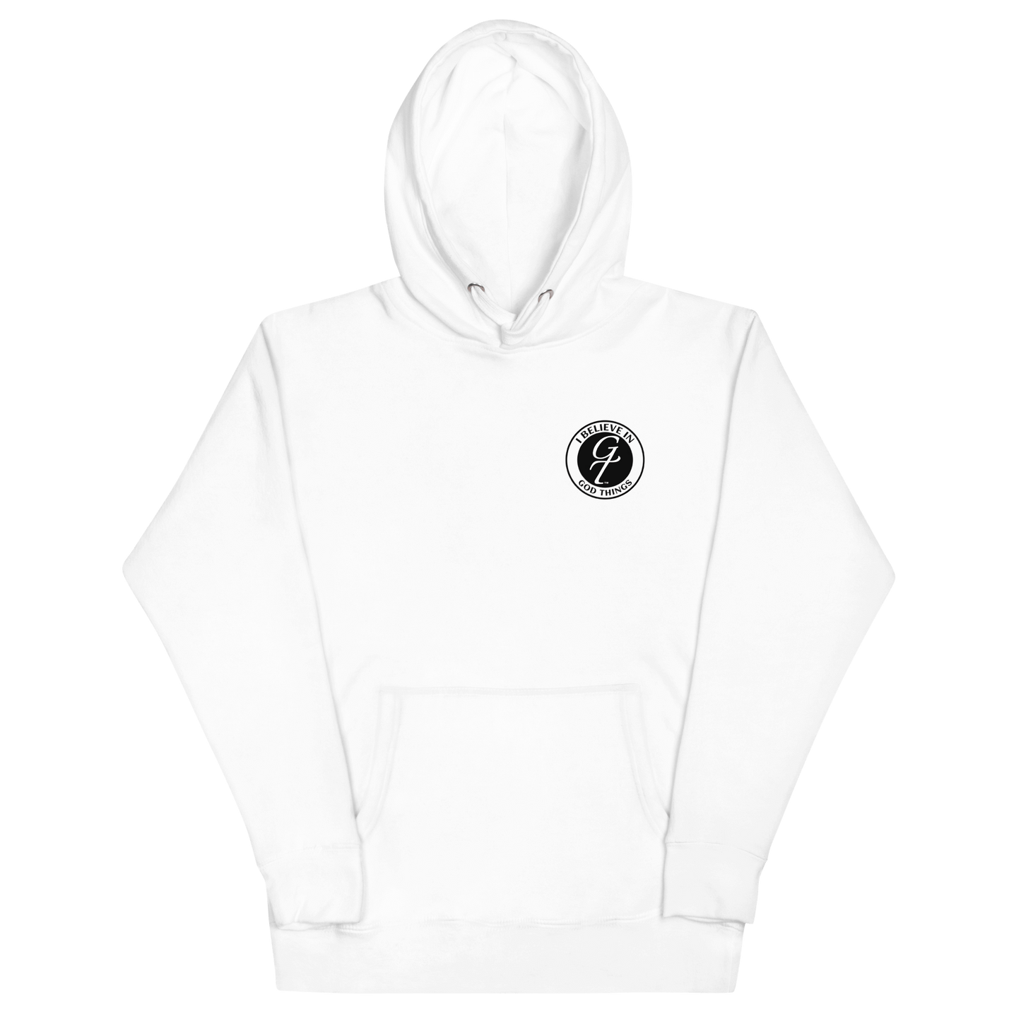 Christian faith hoodie featuring I Believe In God Things logo in white, perfect for cozy wear and sharing faith.
