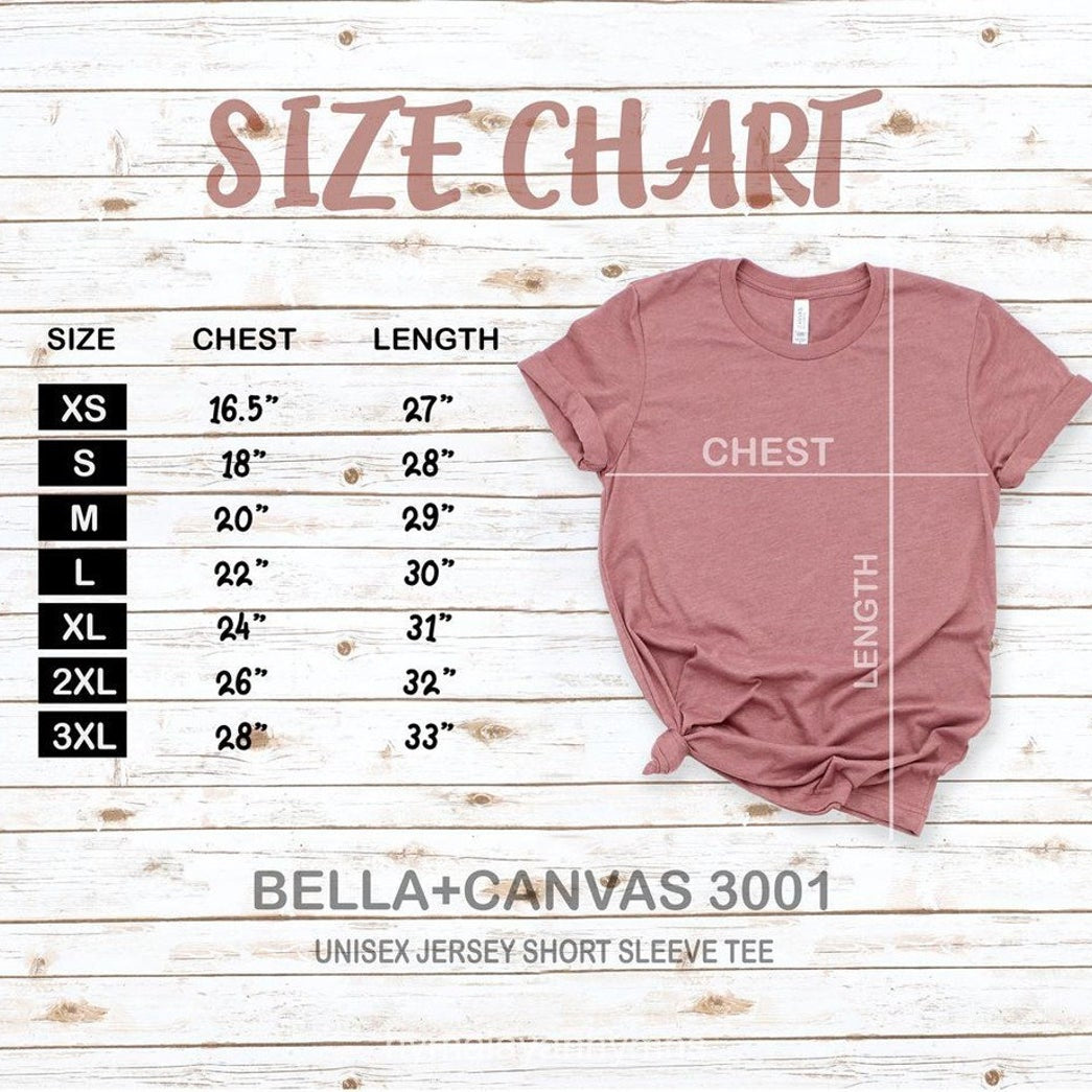Size chart for Bella+Canvas 3001 t-shirt on a wooden background