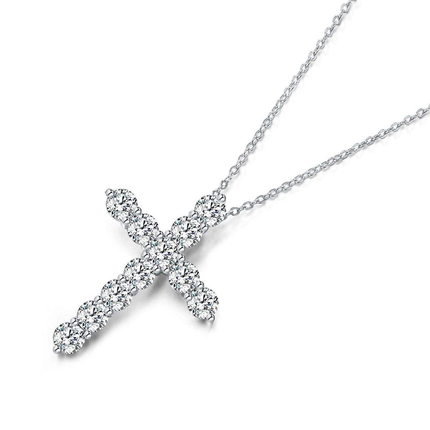 Silver cross-shaped pendant necklace on a white background