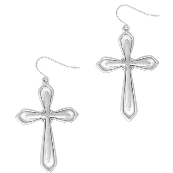 Silver cross-shaped earrings on a white background