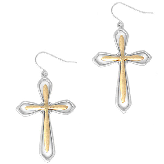 Cross-shaped earrings with gold and silver finish on a white background