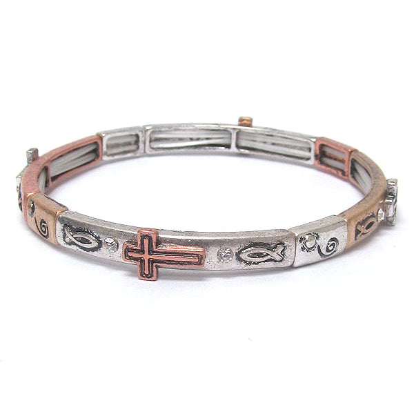 Silver and rose gold bracelet with religious symbols on a white background