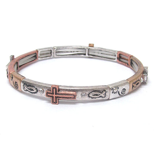 Silver and rose gold bracelet with religious symbols on a white background