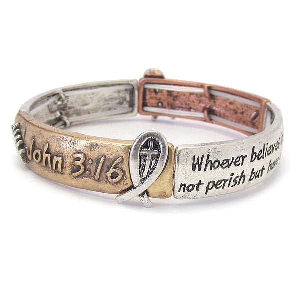 Biblical-themed bracelet with engraved text on a white background