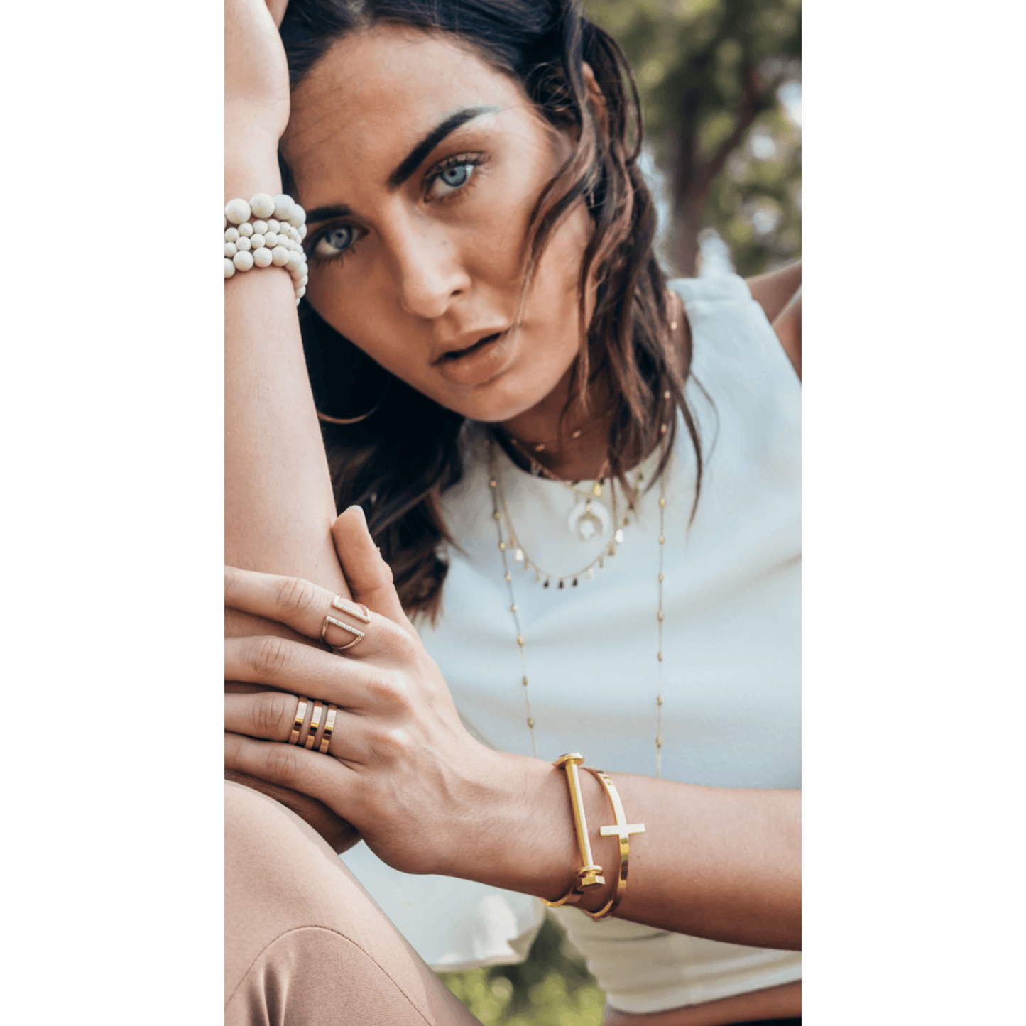 Full Circle Cross Bracelet – 18K Gold-Plated Stainless Steel on model