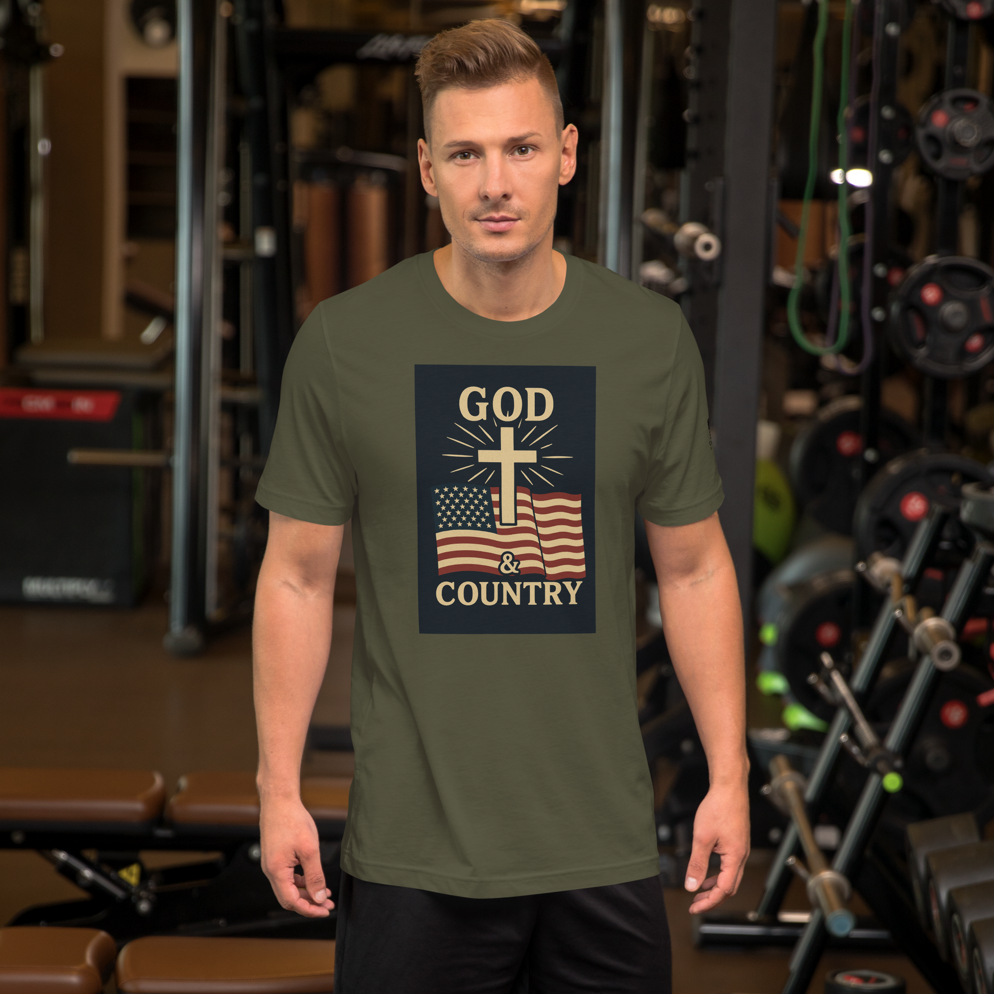 God and Country T-shirt with patriotic American flag and faith-inspired design military green male model