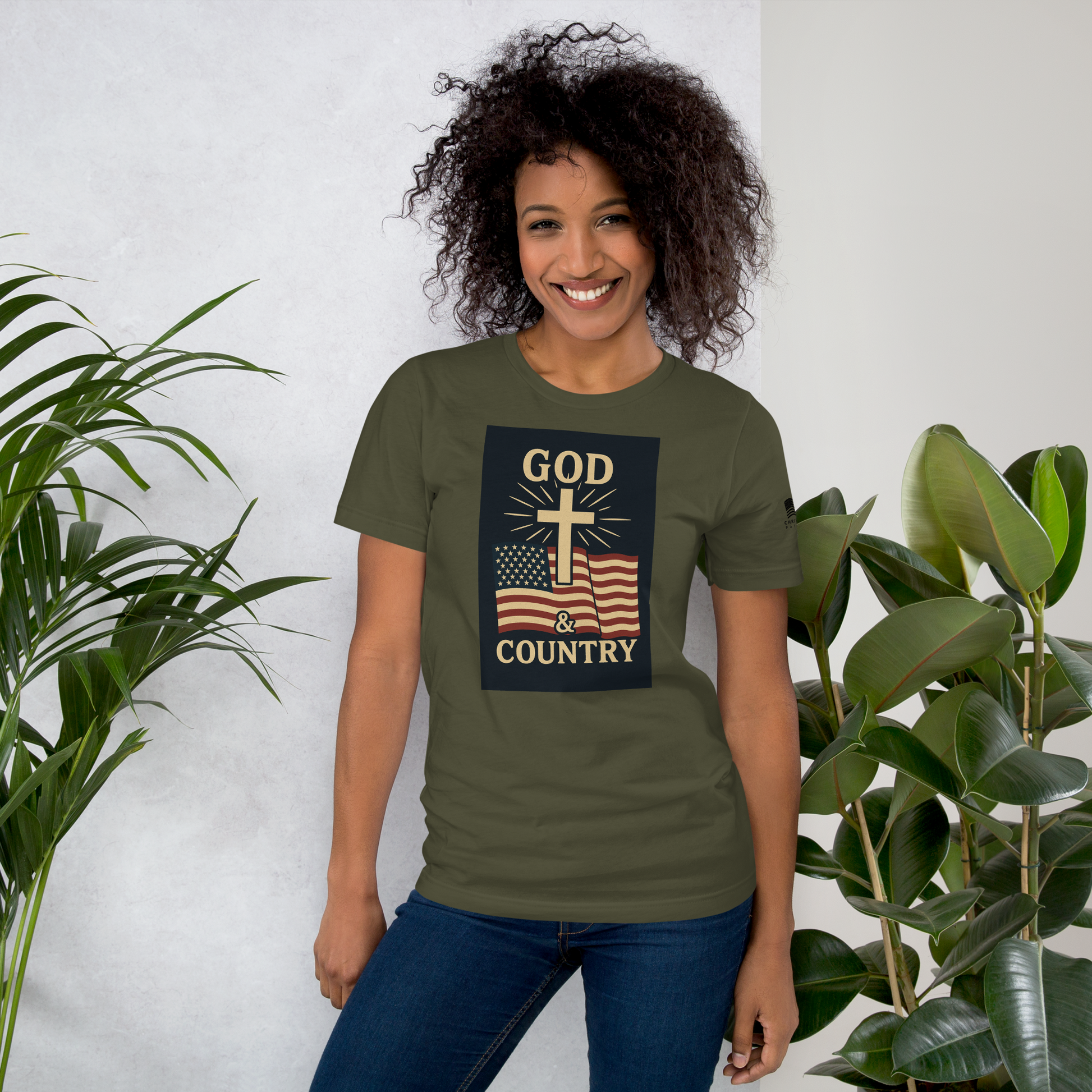 God and Country T-shirt with patriotic American flag and faith-inspired design military green female model