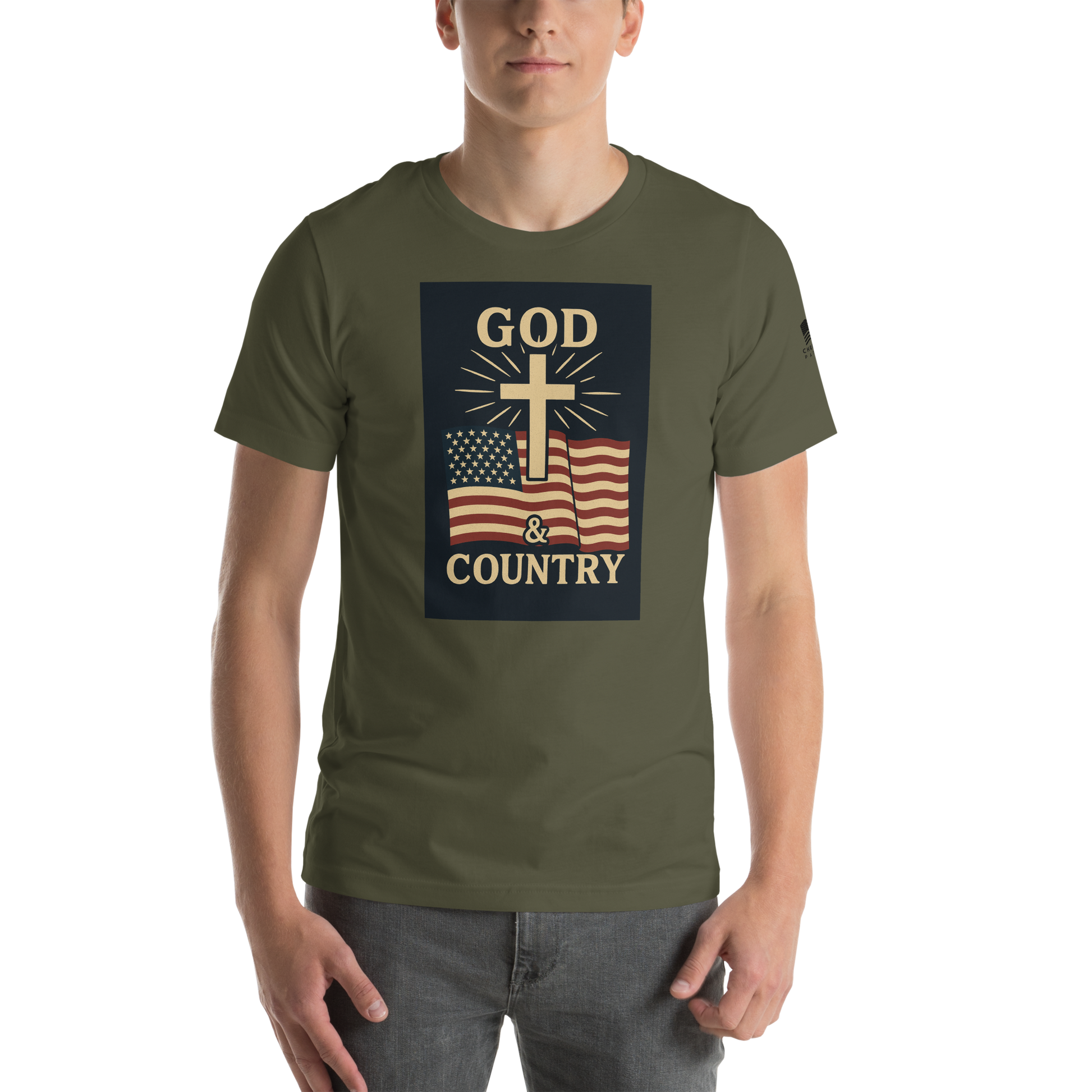 God and Country T-shirt with patriotic American flag and faith-inspired design military green