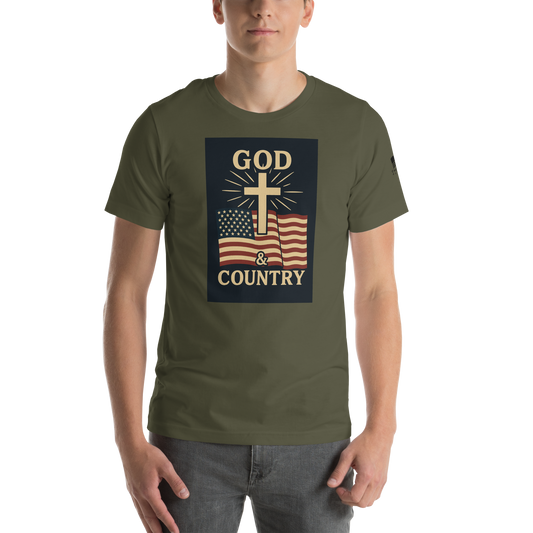 God and Country T-shirt with patriotic American flag and faith-inspired design military green