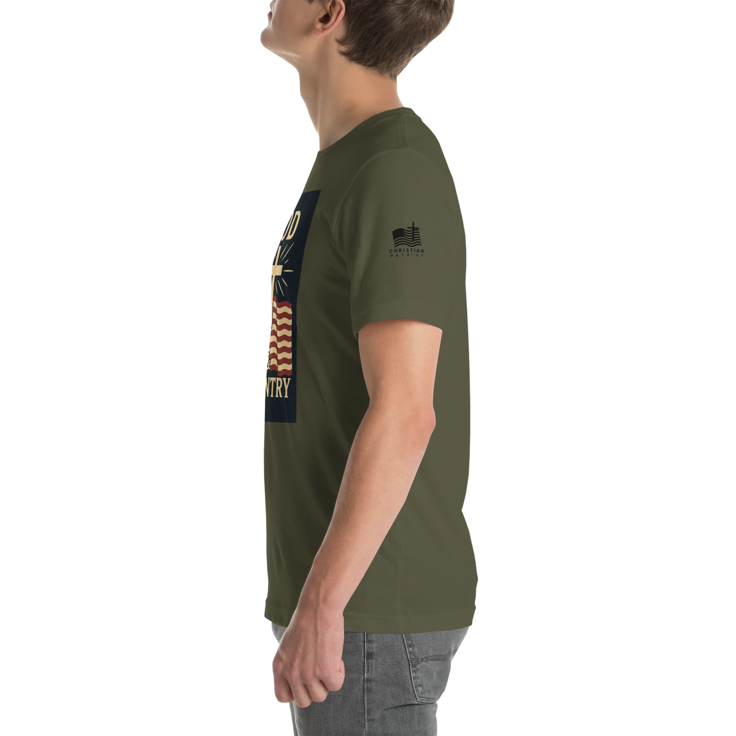 God and Country T-shirt with patriotic American flag and faith-inspired design military green left sleeve