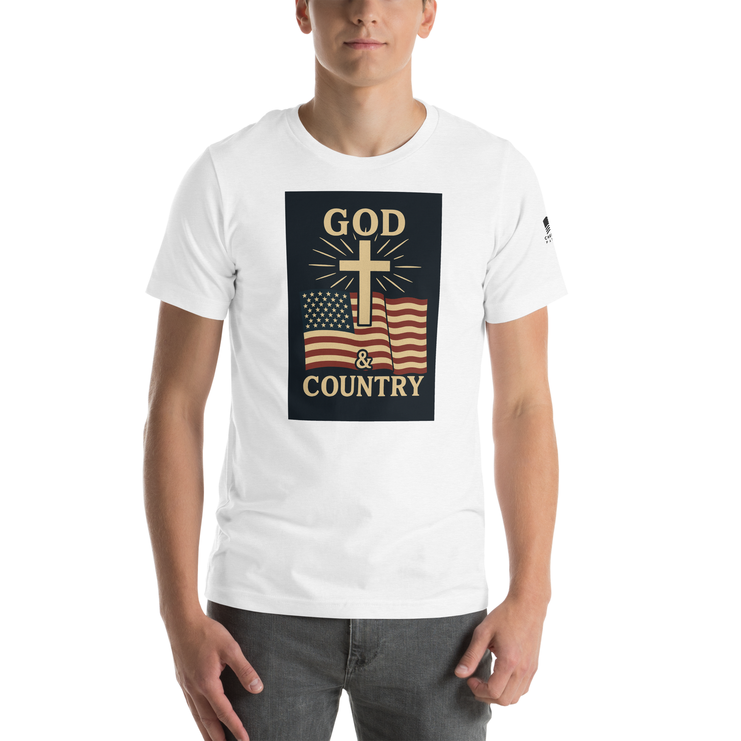 God and Country T-shirt with patriotic American flag and faith-inspired design white