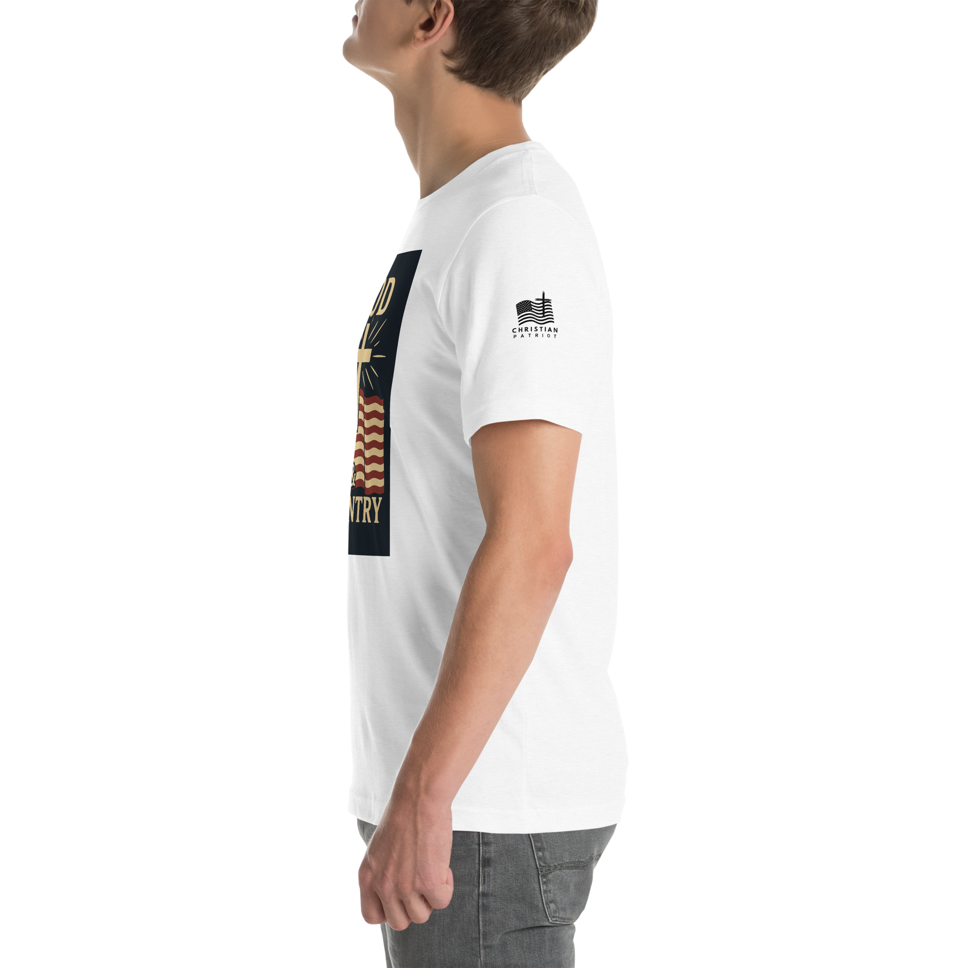 God and Country T-shirt with patriotic American flag and faith-inspired design white left sleeve