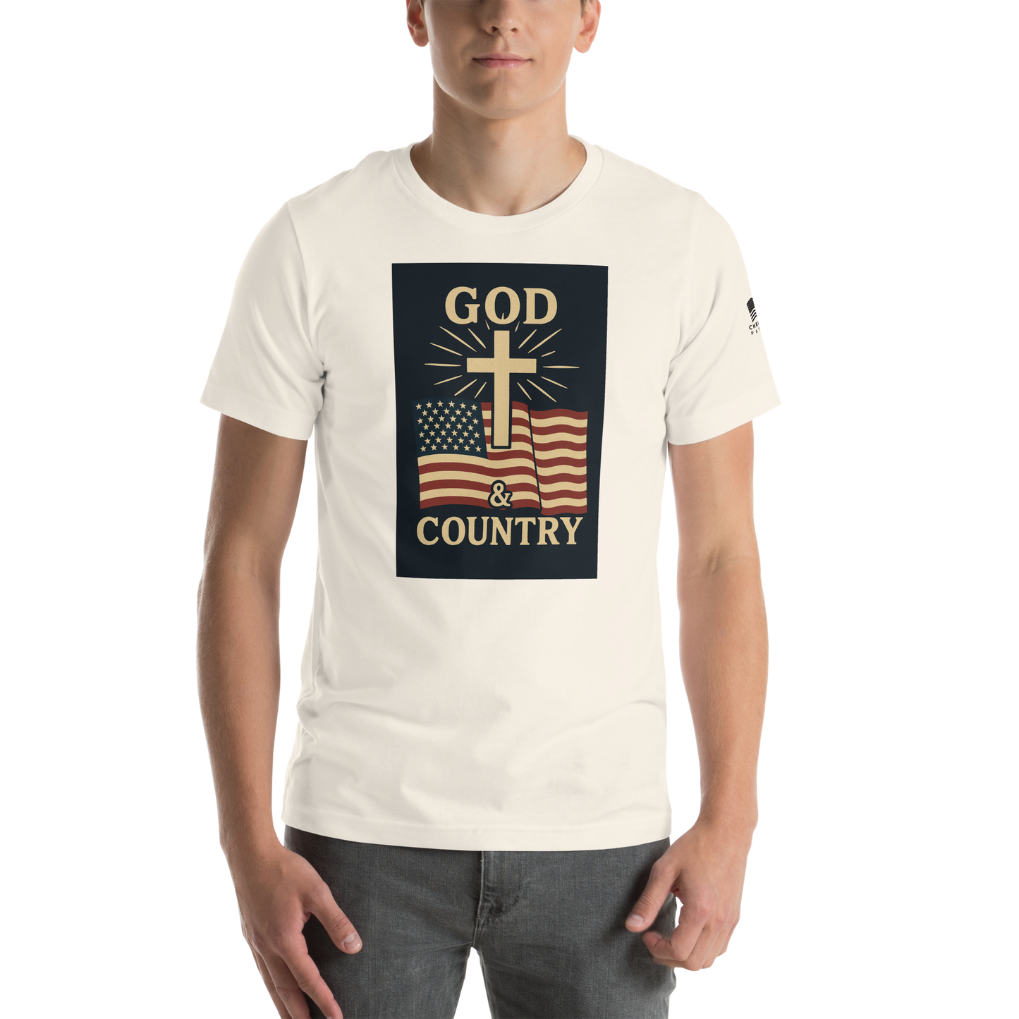 God and Country T-shirt with patriotic American flag and faith-inspired design vintage white