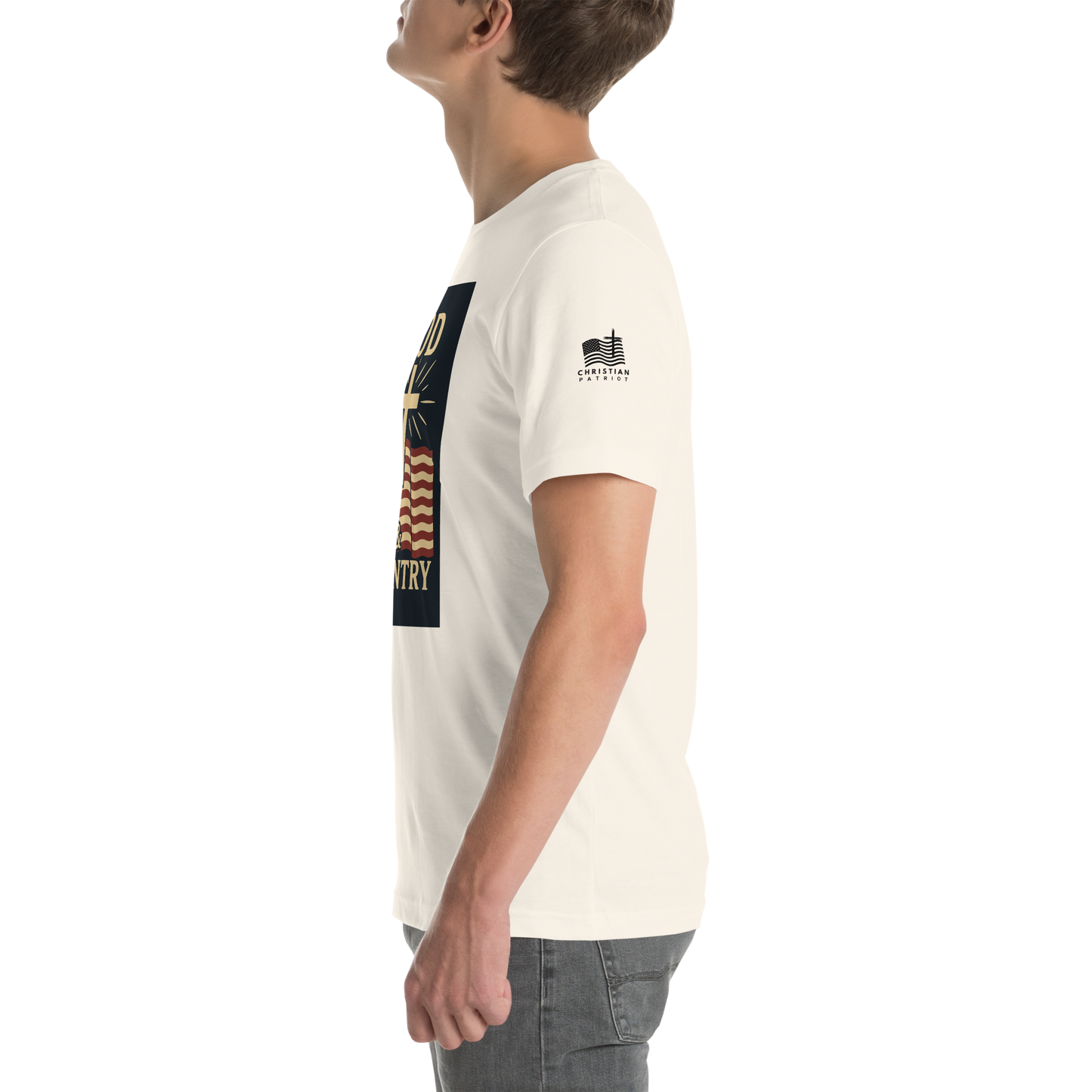 God and Country T-shirt with patriotic American flag and faith-inspired design vintage white left sleeve 